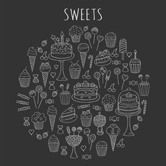 Sweets set vector icons hand drawn doodle. Dessert illustrations pastries, birthday cake, cupcake, ice cream, candy, lollipop, chocolate isolated .