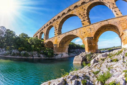 Aqueduct Pont du Gard.  Photo taken fisheye lens