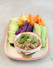 Northern Thai cuisine, spicy green chili pork with boiled vegetables.