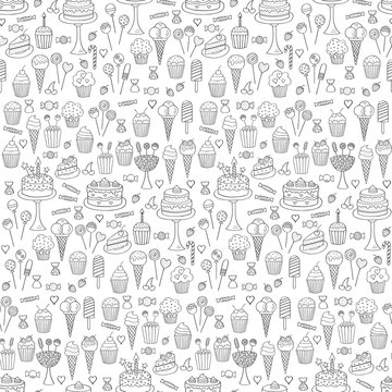 Sweets hand drawn doodle vector seamless background. Dessert illustrations pastries, birthday cake, cupcake, ice cream, candy, lollipop, chocolate.