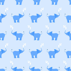 Seamless pattern with baby elephants spraying water drops on blue background. Perfect for baby shower projects, cards, invitations, stickers, tags. Vector illustration for your design.