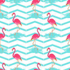 Flamingo summer seamless pattern on green striped background. Vector illustration of exotic birds. Wildlife concept.
