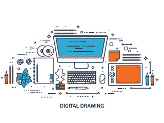 Graphic web design. Drawing and painting. Development. Illustration, sketching, freelance. User interface. UI. Computer, laptop.Line art.