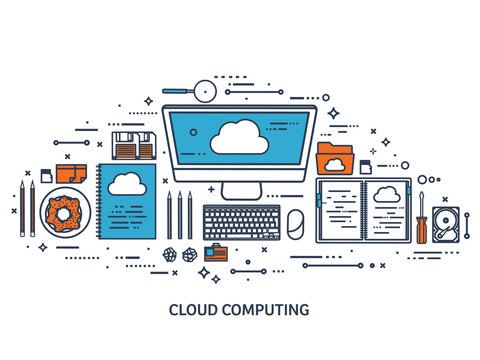 Vector illustration. Workplace, table with documents, computer. Flat cloud computing background. Media, data server. Web storage.CD. Paper blank. Digital technologies. Internet connection.Line art.