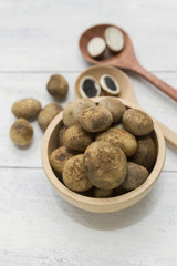 Closeup Barometer Earthstars mushroom in wooden bowl