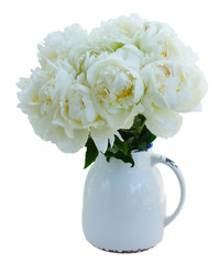 White peony flowers bouquet in vase isolated on white background
