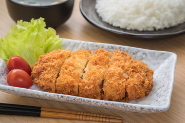 Crispy fried pork with rice and soup, Japanese food