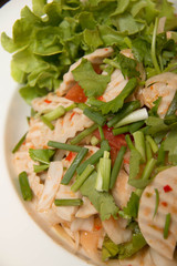 Thai cuisine spicy pork salad on  dish