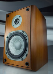 Audio speaker in wooden case isolated on gray background, hi-fi musical equipment.