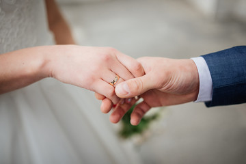 Newly wed couple's hands with wedding rings