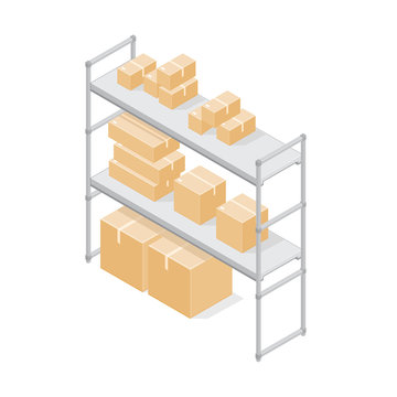 Isometric vector illustration of Warehouse Storage shelves with cardboard boxes.
Storage boxes on metal shelving.