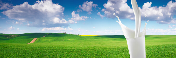 Fototapeta premium Milk flowing into glass on natural background