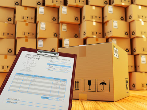 Distribution warehouse interior, packages shipment, freight transportation and delivery service concept, clipboard with receipt form and cardboard box in front of stack of parcels