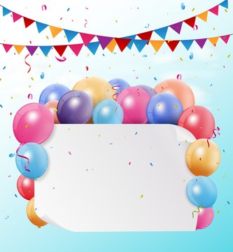 Colorful birthday bunting flags and balloons with space for your text