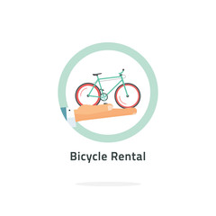 Bycicle rent vector badge, bicycle rental icon flat with hand holding bike logo, rental agency symbol concept, shop label, travel tours sticker illustration isolated on white, modern emblem design