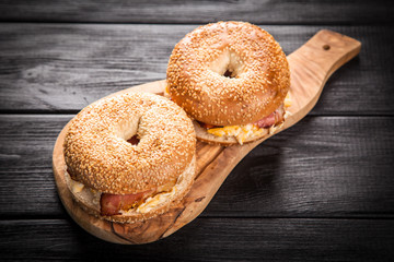 Bagel with bacon and egg