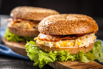 Bagel with bacon and egg