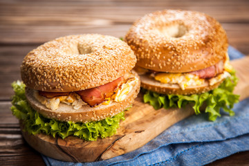 Bagel with bacon and egg