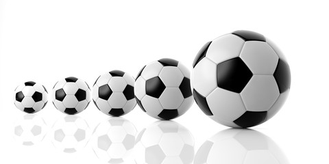 Soccer football balls of various sizes. 3d illustration