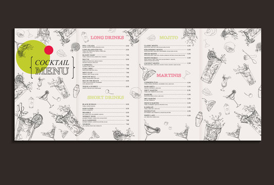 Vector cocktail menu design. Template with hand-drawn graphic. Flyer, brochure
