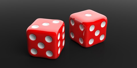 Two red dice, black background. 3d illustration