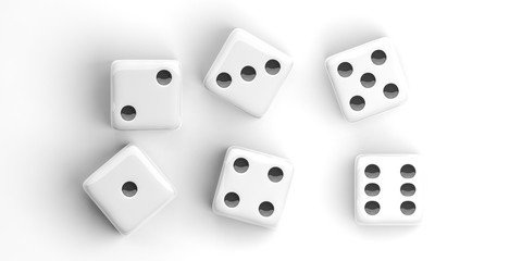 Six dice on white background. 3d illustration
