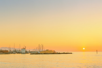 Naklejka premium Barceloneta Beach in Barcelona at sunrise