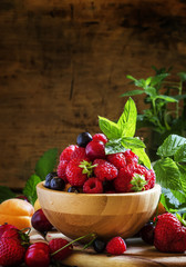 Summer fruit and berry, vintage wooden background, selective foc