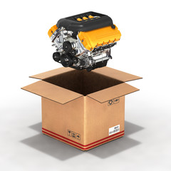 packaging engine in a cardboard box 3d illustration