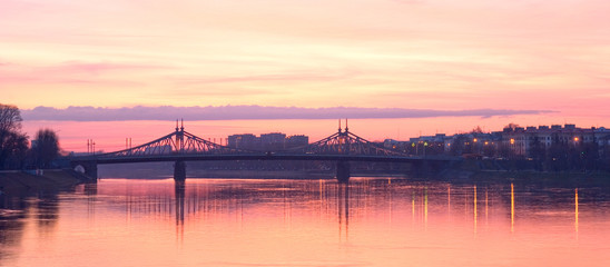 Tver. Russia. Bridge across Volga River at night in Tver Town