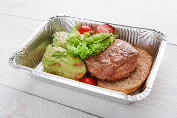 Healthy restaurant food, steak and cabbage roll