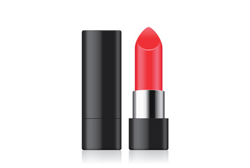 Red lipstick and black case closed and opened isolated on white background
