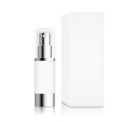 Cosmetic pump bottle small size and white box isolated on white for serum container mock up and cream and gel or other job.