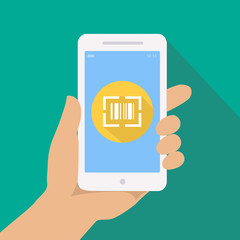 Hand with phone, scan QR code illustration. code reader app concept with smartphone