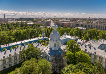 Saint Petersburg sunny cityscape panorama from bell tower of Smolniy orthodox cathedral