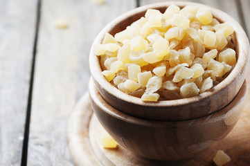 Dried spicy ginger on the wooden table