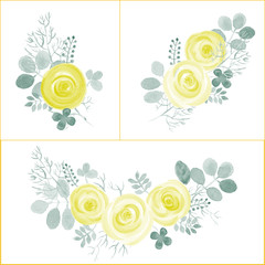 Fototapeta na wymiar Hand Drawn cute Roses and Leaf composition for your design. Can be used for birthday card, wedding invitations or page decoration. Isolated on white background.