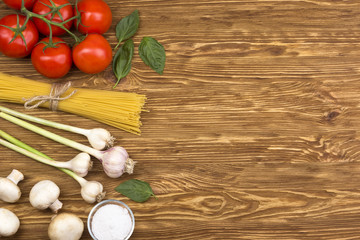 Ingredients. Tomatoes, pasta, garlic, basil, champignon and salt.