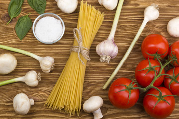 Ingredients. Tomatoes, pasta, garlic, basil, champignon and salt.