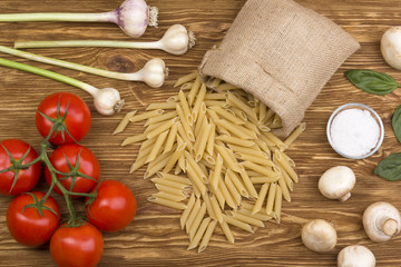 Ingredients. Tomatoes, pasta, garlic, basil, champignon and salt.