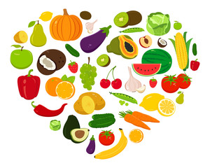 Obraz premium Heart shape with fruits and vegetables. Vector