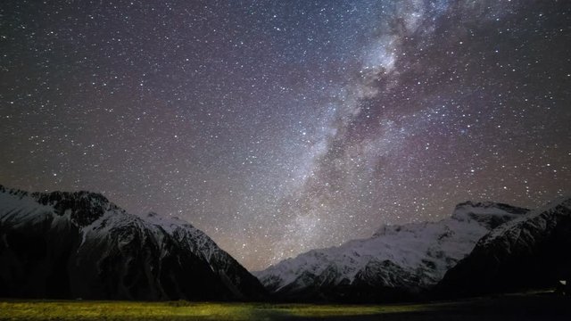 Time lapse of Milky way above snow capped mountain range at Mount Cook/ Aoraki National Park, New Zealand.
