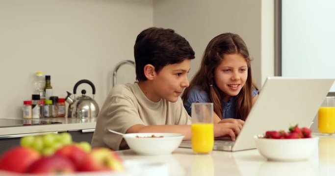 Cute siblings using laptop at breakfast
