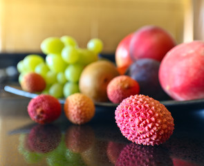 tropical fruits on a kitchen table