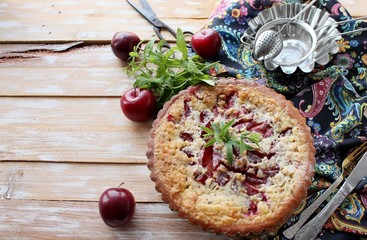 homemade cake with plums and cream filling