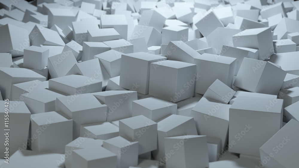 Poster abstract 3d rendering background with geometry shapes droped on the floor.