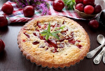 homemade cake with plums and cream filling