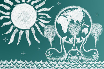 Education funny illustration. Earth on three whales