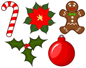 Vector illustration of a collection of five Christmas-themed items.