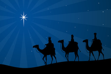 Vector illustration of the biblical three wise men heading toward the Star of Bethlehem.